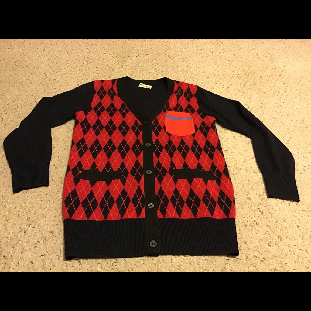 Miu Miu Wool Argyle Cardigan Sweater Sz L Guc Black Red